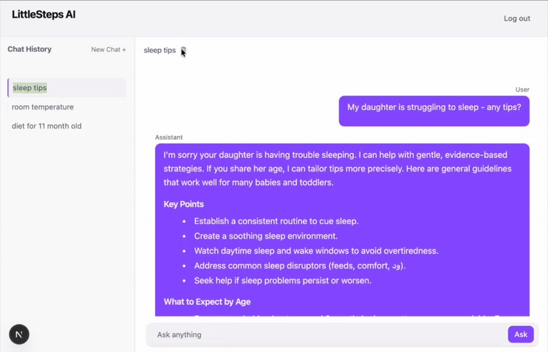 LittleSteps-AI: a parent asks for sleep tips and the answer appears in the chat, with key points and what to expect by age