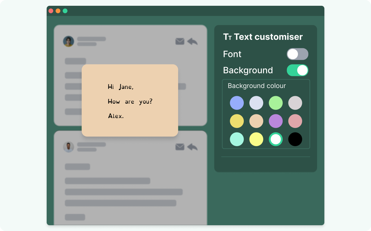 Illustration of an email on a peach background, beside a panel with the Background switch on and a grid of twelve colours to choose from.
